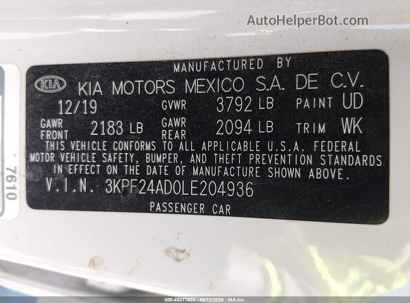3KPF24AD0LE204936 2020 KIA FORTE White Вид підкапотного простору