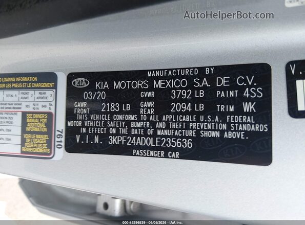 3KPF24AD0LE235636 2020 KIA FORTE Silver Вид підкапотного простору