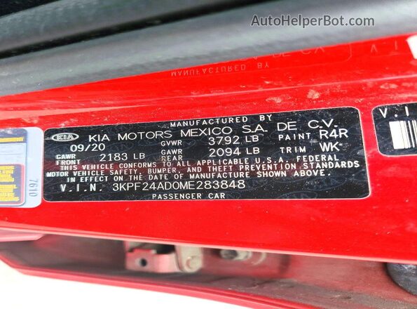 3KPF24AD0ME283848 2021 KIA FORTE Red Vista de la etiqueta del VIN