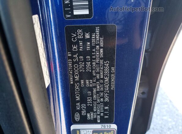 3KPF24AD0ME288645 2021 KIA FORTE Blue 