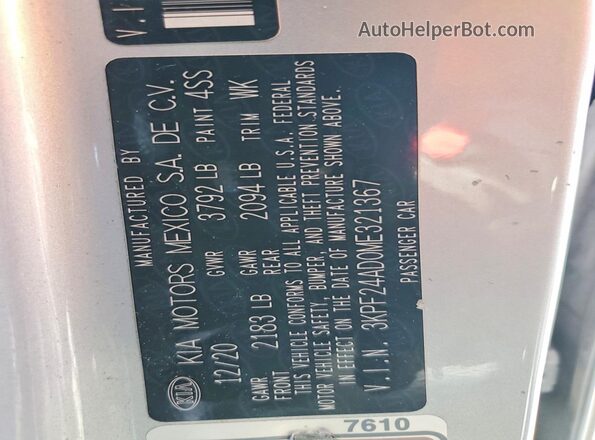 3KPF24AD0ME321367 2021 KIA FORTE Silver 