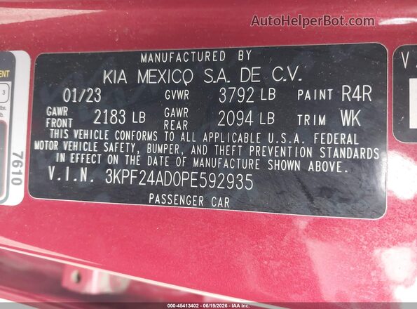 3KPF24AD0PE592935 2023 KIA FORTE Red Вид підкапотного простору