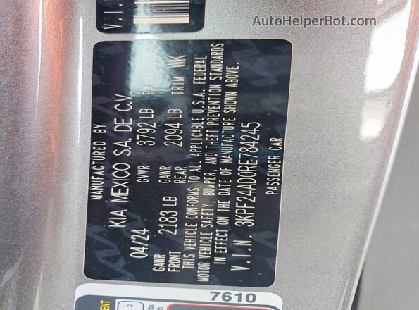 3KPF24AD0RE784245 2024 KIA FORTE Silver 