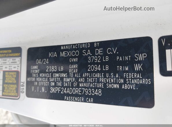 3KPF24AD0RE793348 2024 KIA FORTE White Вид підкапотного простору