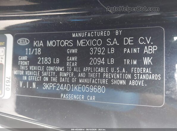 3KPF24AD1KE059680 2019 KIA FORTE Black 