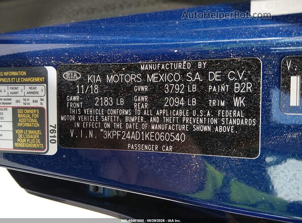 3KPF24AD1KE060540 2019 KIA FORTE Blue Vista del compartimento del motor