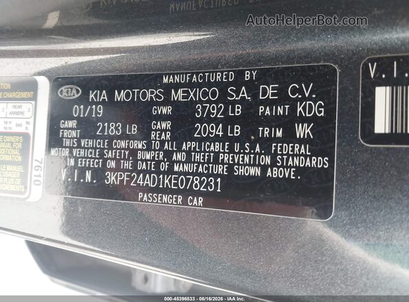 3KPF24AD1KE078231 2019 KIA FORTE Gray Вид підкапотного простору
