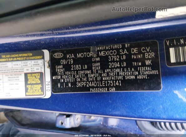 3KPF24AD1LE175141 2020 KIA FORTE Синий Вид подкапотного пространства