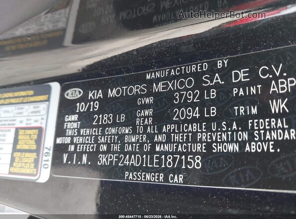 3KPF24AD1LE187158 2020 KIA FORTE Black Вид підкапотного простору