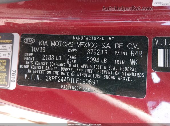 3KPF24AD1LE190691 2020 KIA FORTE Red Widok komory silnika