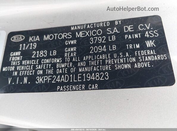 3KPF24AD1LE194823 2020 KIA FORTE Silver Widok komory silnika