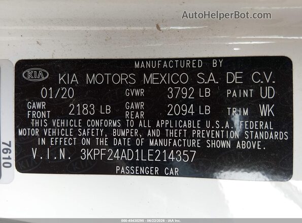 3KPF24AD1LE214357 2020 KIA FORTE White Շարժիչի բաժամունքի տեսք