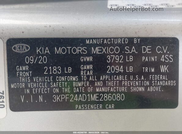3KPF24AD1ME286080 2021 KIA FORTE Silver ძრავის განყოფილების ხედი