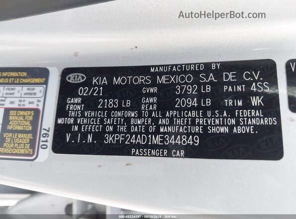 3KPF24AD1ME344849 2021 KIA FORTE Серебряный Вид подкапотного пространства
