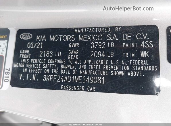 3KPF24AD1ME349081 2021 KIA FORTE Silver Widok komory silnika