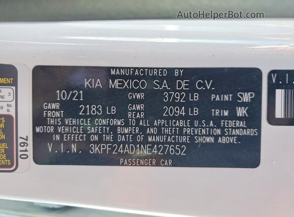 3KPF24AD1NE427652 2022 KIA FORTE Белый Вид подкапотного пространства