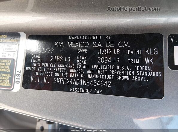 3KPF24AD1NE454642 2022 KIA FORTE Gray ძრავის განყოფილების ხედი