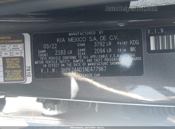 3KPF24AD1NE477967 2022 KIA FORTE Gray Vista del compartimento del motor