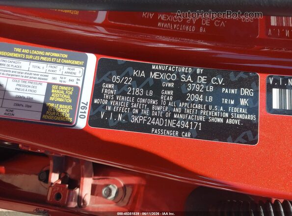 3KPF24AD1NE494171 2022 KIA FORTE Orange Вид підкапотного простору