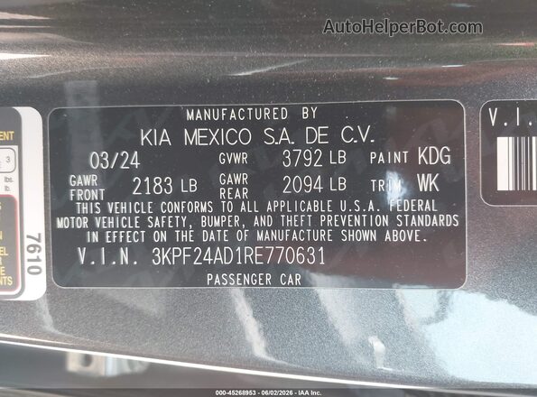 3KPF24AD1RE770631 2024 KIA FORTE Серый Вид подкапотного пространства
