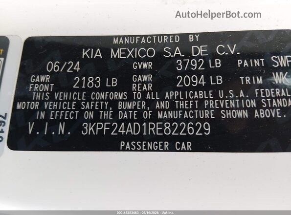 3KPF24AD1RE822629 2024 KIA FORTE White Вид підкапотного простору
