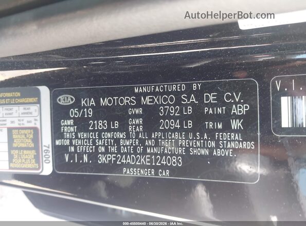 3KPF24AD2KE124083 2019 KIA FORTE Black Շարժիչի բաժամունքի տեսք