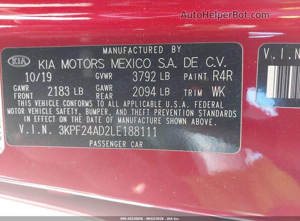 3KPF24AD2LE188111 2020 KIA FORTE Red 