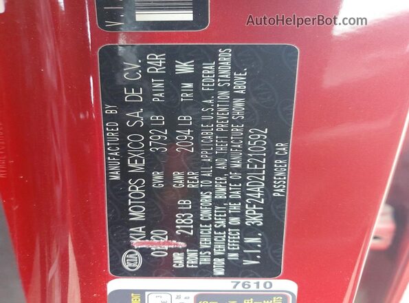 3KPF24AD2LE210592 2020 KIA FORTE Red 
