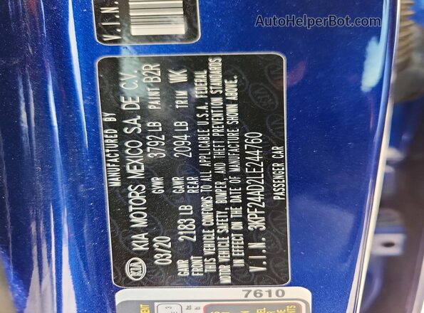 3KPF24AD2LE244760 2020 KIA FORTE Blue 