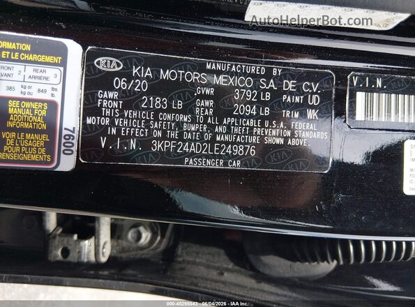 3KPF24AD2LE249876 2020 KIA FORTE Черный Вид подкапотного пространства