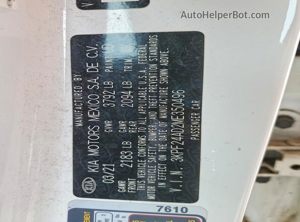 3KPF24AD2ME350496 2021 KIA FORTE White VIN կոդի պիտակի տեսք