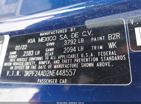 3KPF24AD2NE448557 2022 KIA FORTE Blue Engine compartment view