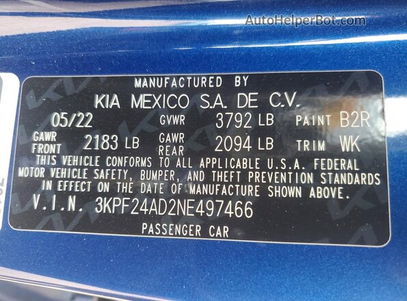 3KPF24AD2NE497466 2022 KIA FORTE Blue 