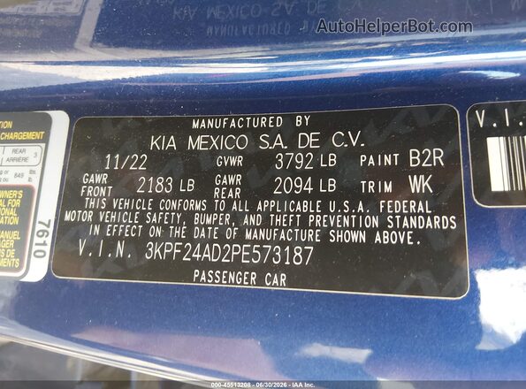 3KPF24AD2PE573187 2023 KIA FORTE Blue Շարժիչի բաժամունքի տեսք