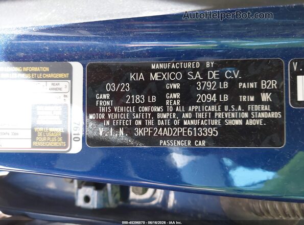 3KPF24AD2PE613395 2023 KIA FORTE Blue Vista del compartimento del motor