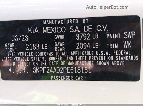 3KPF24AD2PE618161 2023 KIA FORTE White ძრავის განყოფილების ხედი