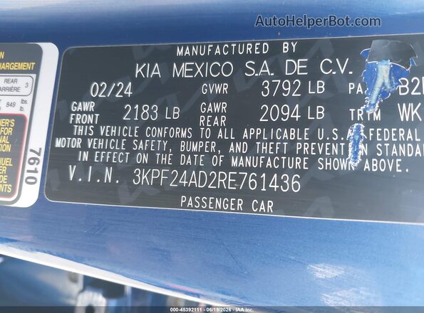 3KPF24AD2RE761436 2024 KIA FORTE Blue Widok komory silnika