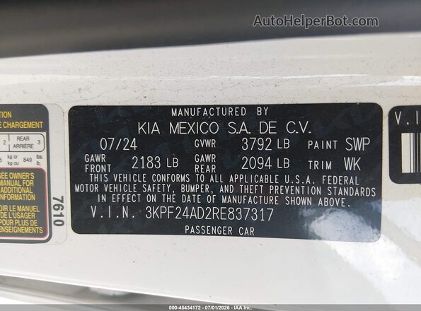 3KPF24AD2RE837317 2024 KIA FORTE White Engine compartment view