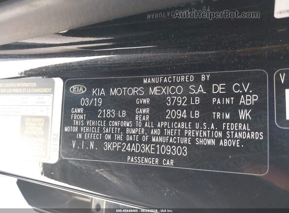 3KPF24AD3KE109303 2019 KIA FORTE Black Vista del compartimento del motor