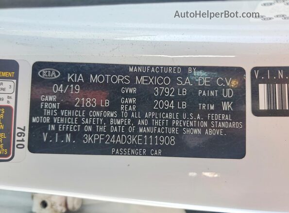 3KPF24AD3KE111908 2019 KIA FORTE White Շարժիչի բաժամունքի տեսք