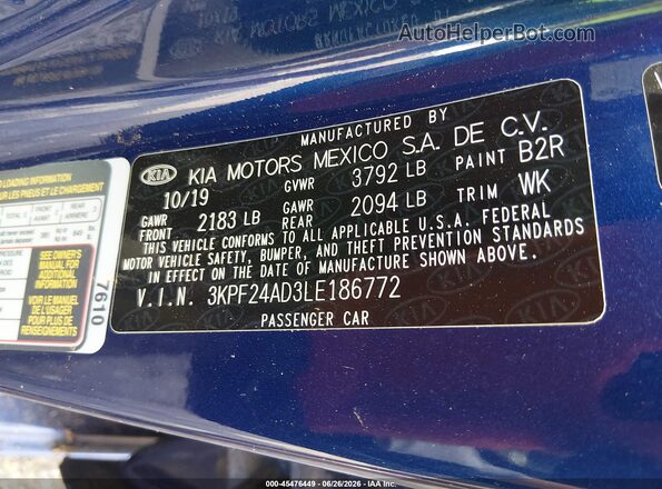 3KPF24AD3LE186772 2020 KIA FORTE Blue Вид підкапотного простору