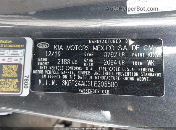 3KPF24AD3LE205580 2020 KIA FORTE Gray Vista del compartimento del motor