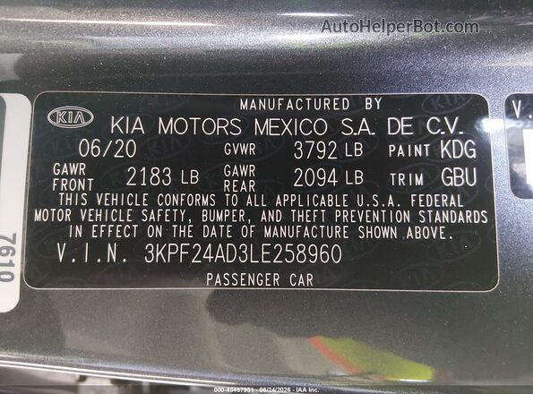 3KPF24AD3LE258960 2020 KIA FORTE Gray Vista del compartimento del motor