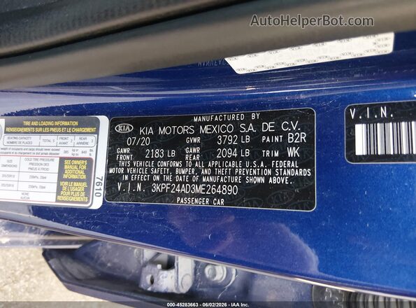3KPF24AD3ME264890 2021 KIA FORTE Blue Շարժիչի բաժամունքի տեսք