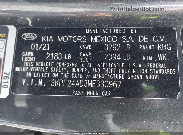 3KPF24AD3ME330967 2021 KIA FORTE Gray Widok komory silnika