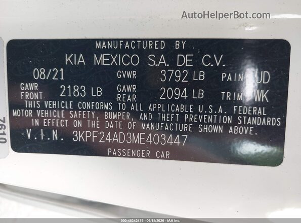 3KPF24AD3ME403447 2021 KIA FORTE White Вид підкапотного простору