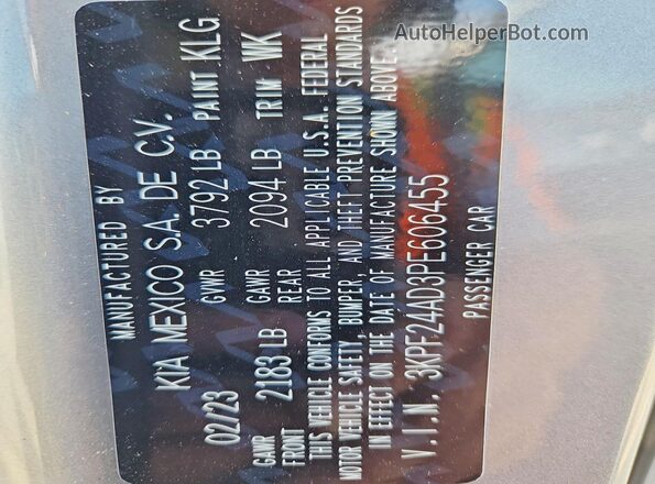 3KPF24AD3PE606455 2023 KIA FORTE Gray VIN კოდის სტიკერის ხედი