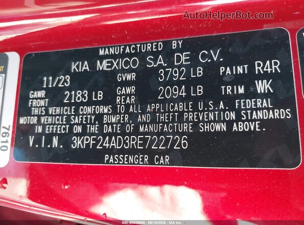 3KPF24AD3RE722726 2024 KIA FORTE Red Вид підкапотного простору