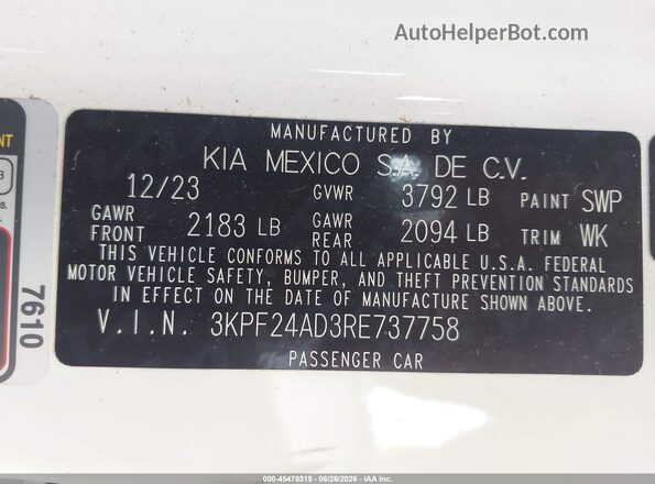 3KPF24AD3RE737758 2024 KIA FORTE White Vista del compartimento del motor