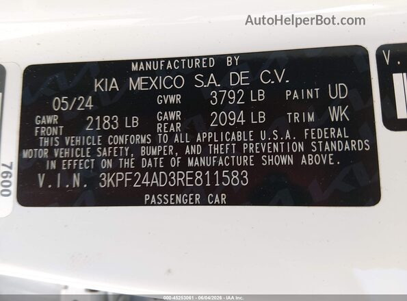 3KPF24AD3RE811583 2024 KIA FORTE White Engine compartment view